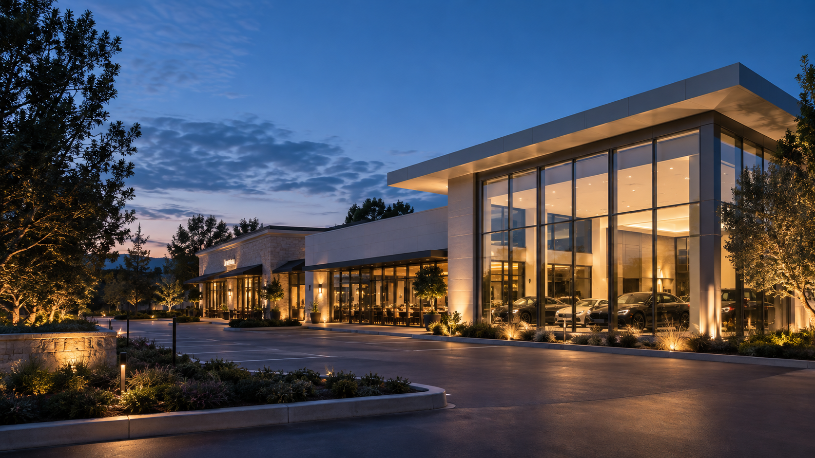Illustrative commercial architecture with a glass showroom and retail storefronts
